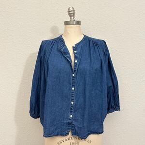 MADEWELL Balloon Sleeve Top Blue Denim Linen Cotton Boxy Button-Up